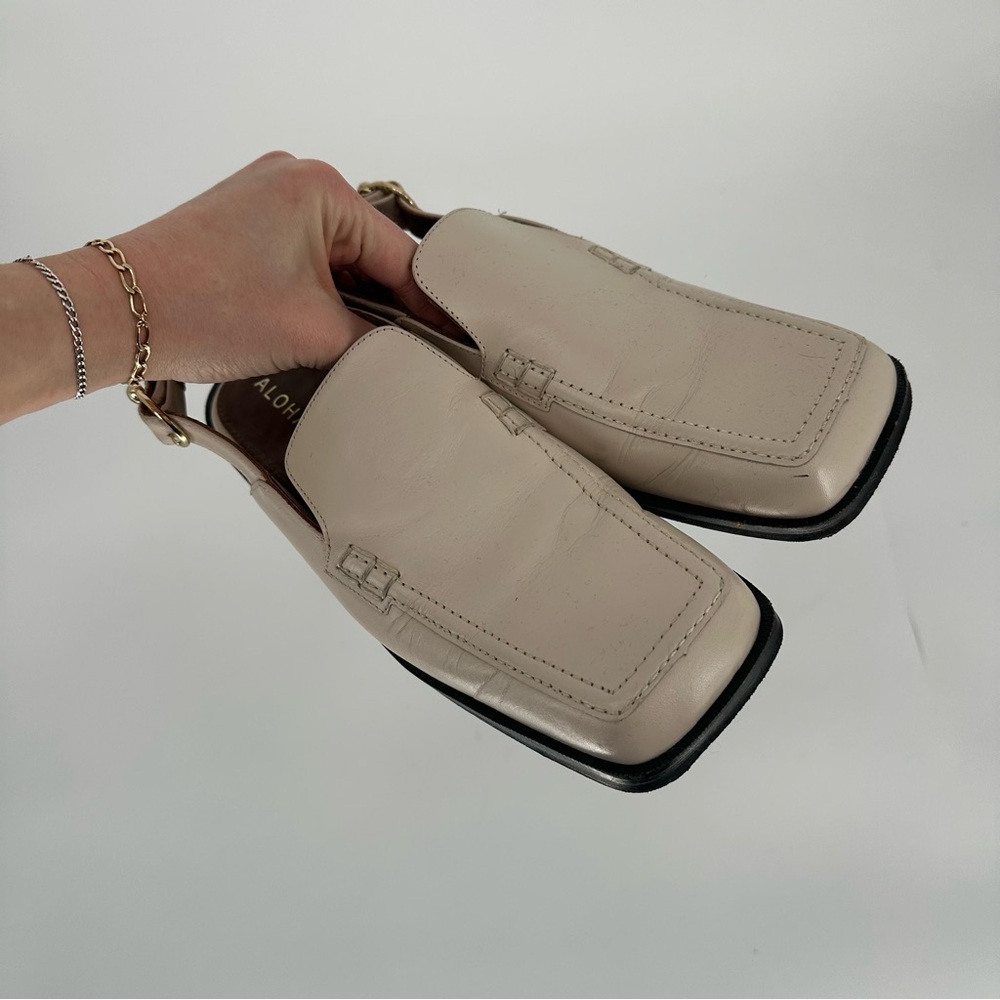 Alohas Abe Slingback Leather Loafer Mules Cream Square Toe Low Heel Size 38 7.5 - Picture 2 of 9